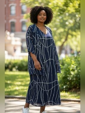 AVENUE Navy/White 2-pc Chiffon Sleeveless Midi Dress Short Slv Top Plus Sz 26/28